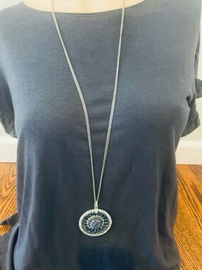 Long Silver Necklace with Blue Beaded Pendant